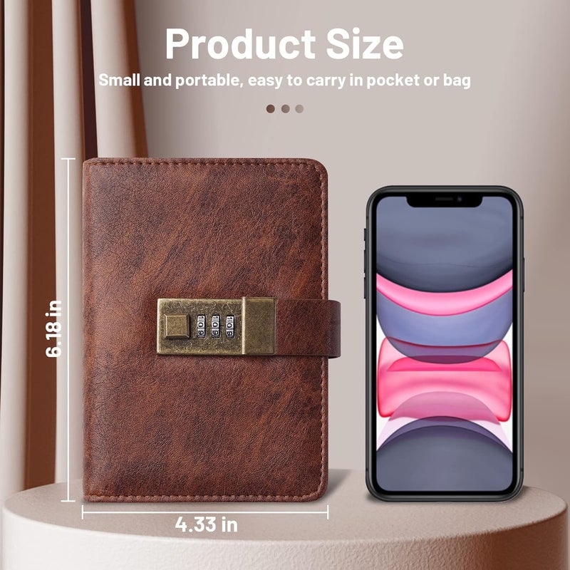 WEMATE Journal with Lock, Diary with Lock 192 Pages, Password Notebook, Pen & Gift Box - Perfect for Men and Women - 4.3X 6.18in Brown Keep Your Secrets Safe - Image 2